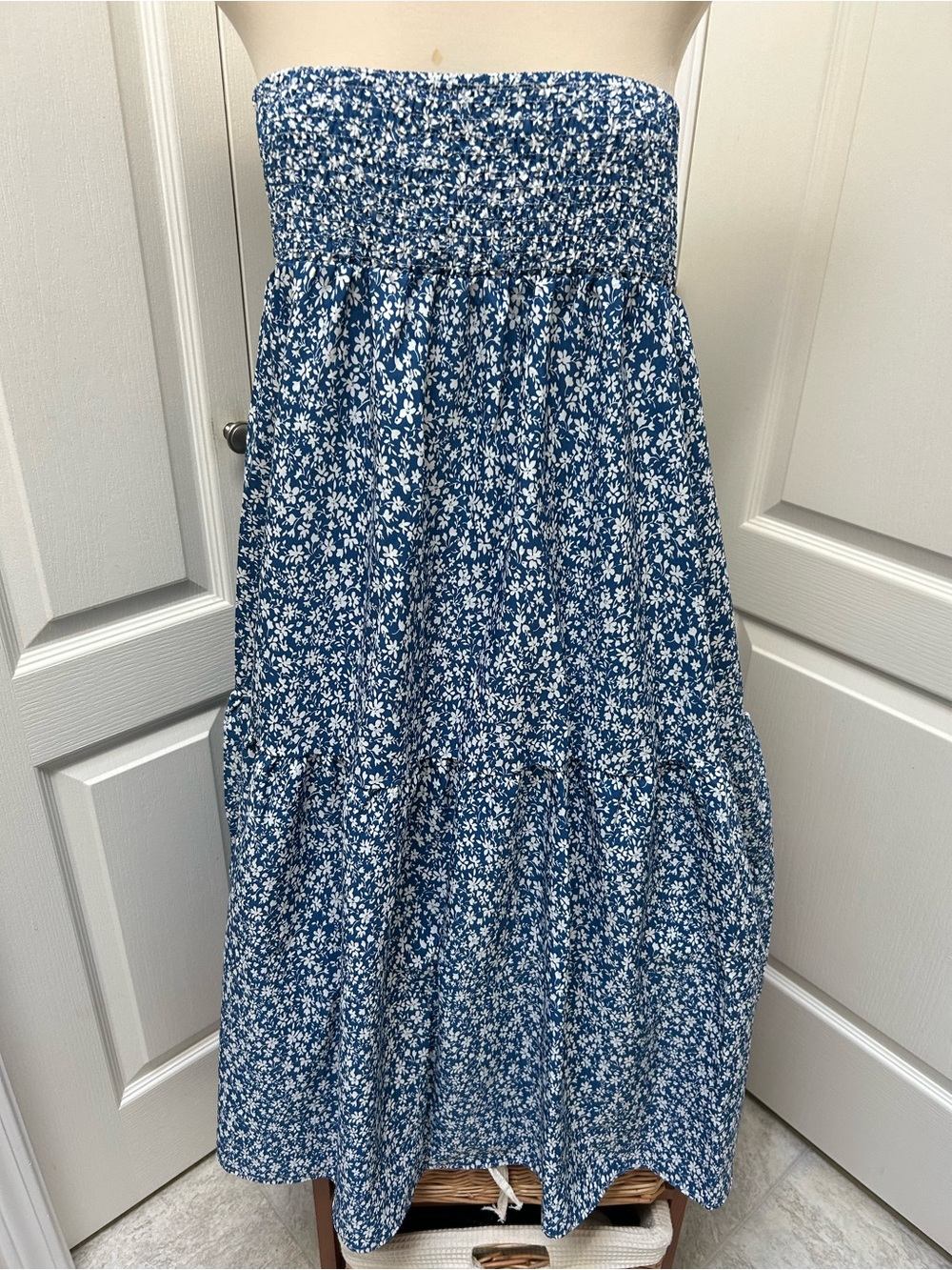 Blue Floral Smocked-Waisted Maxi Skirt